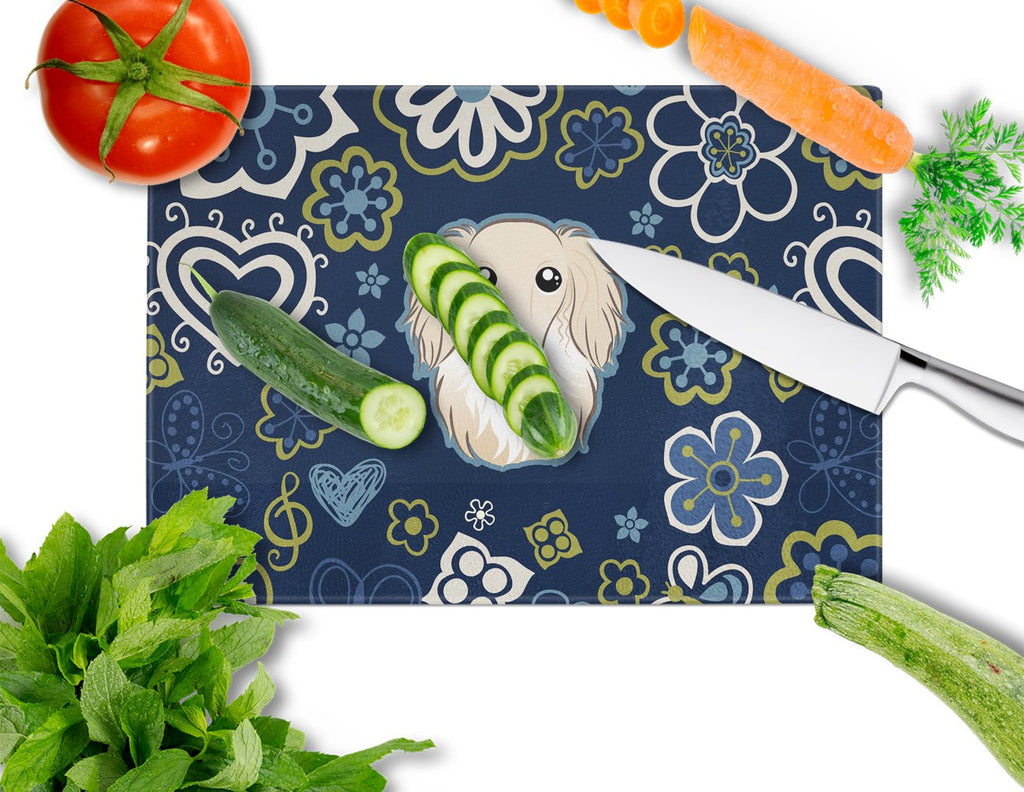 Blue Flowers Longhair Creme Dachshund Cutting Board Tempered Glass Kitchen Cutting Surface, Heat Resistant Chopping, Non-Slip Feet, Food Prep & Serving