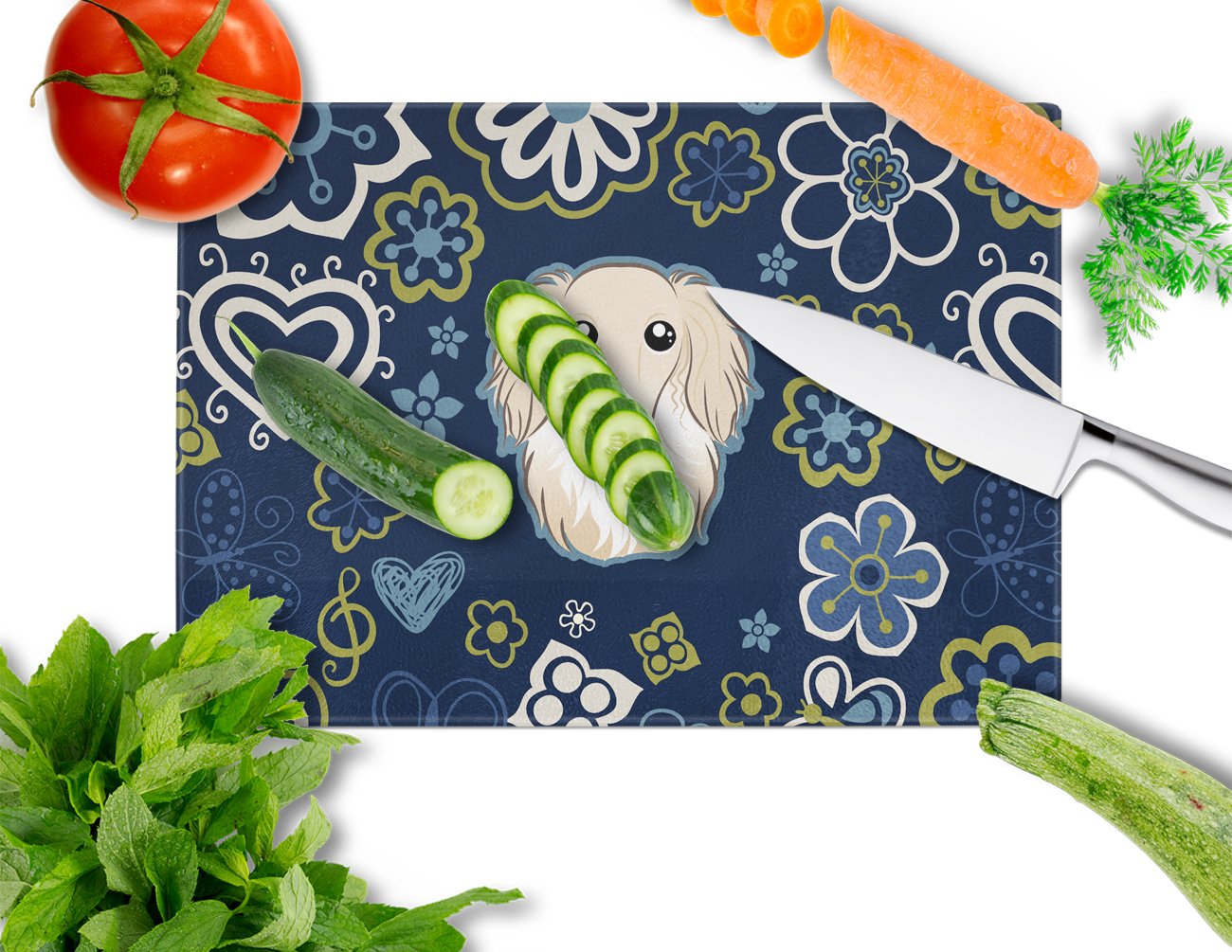 Blue Flowers Longhair Creme Dachshund Cutting Board Tempered Glass Kitchen Cutting Surface, Heat Resistant Chopping, Non-Slip Feet, Food Prep & Serving