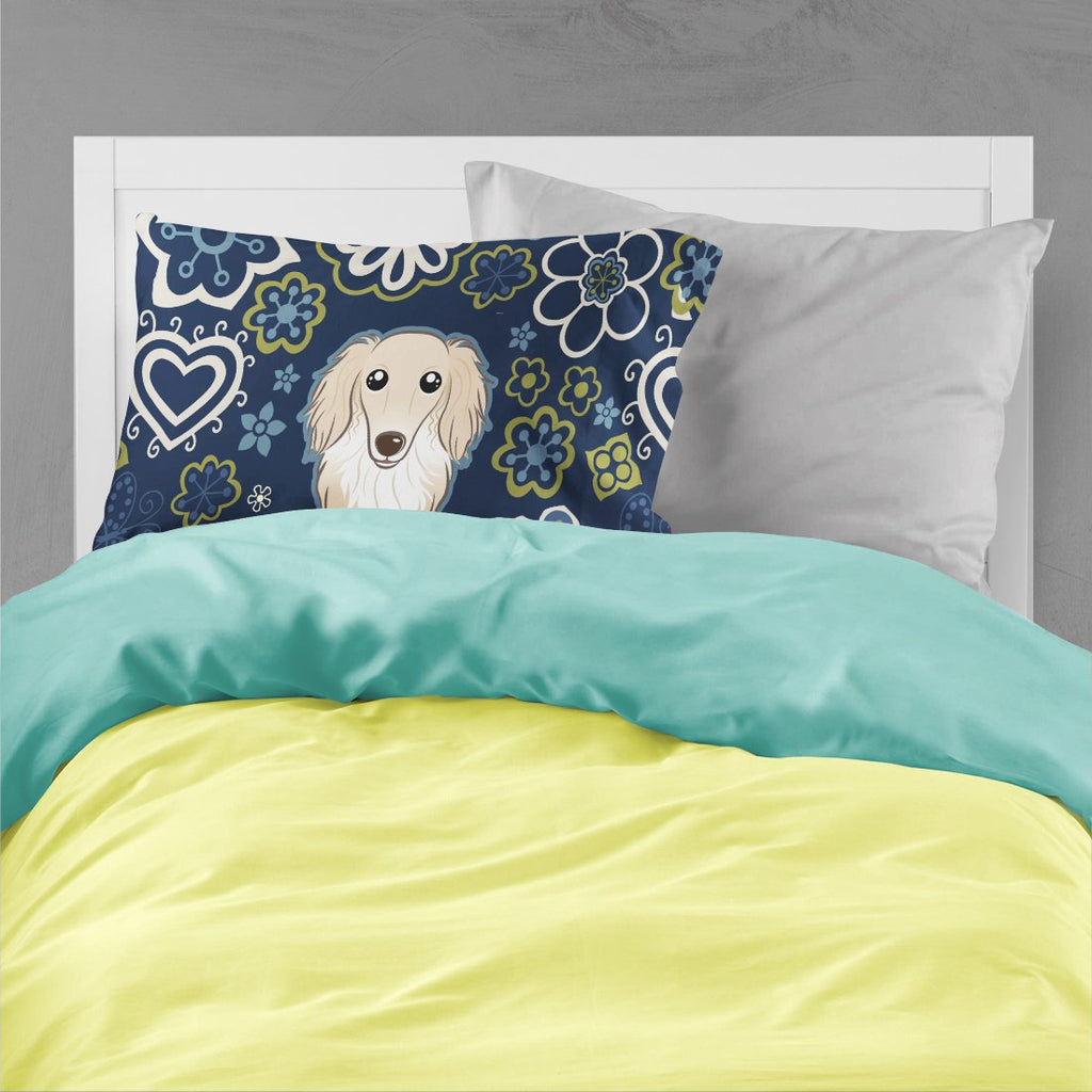 Blue Flowers Longhair Creme Dachshund Standard Pillowcase Lightweight Super Soft Easy Care Decorative Artwork Pillowcase, Standard
