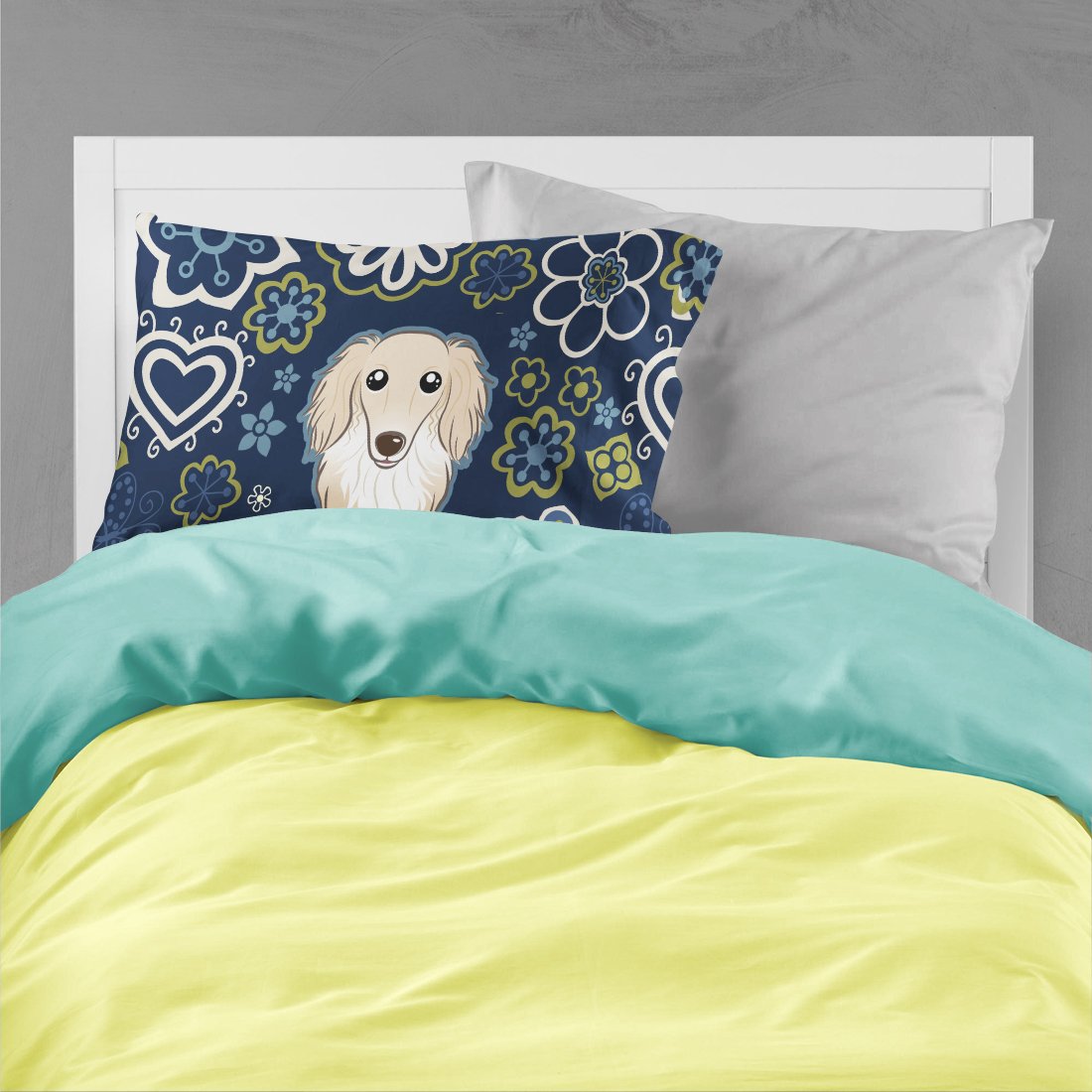 Blue Flowers Longhair Creme Dachshund Standard Pillowcase Lightweight Super Soft Easy Care Decorative Artwork Pillowcase, Standard