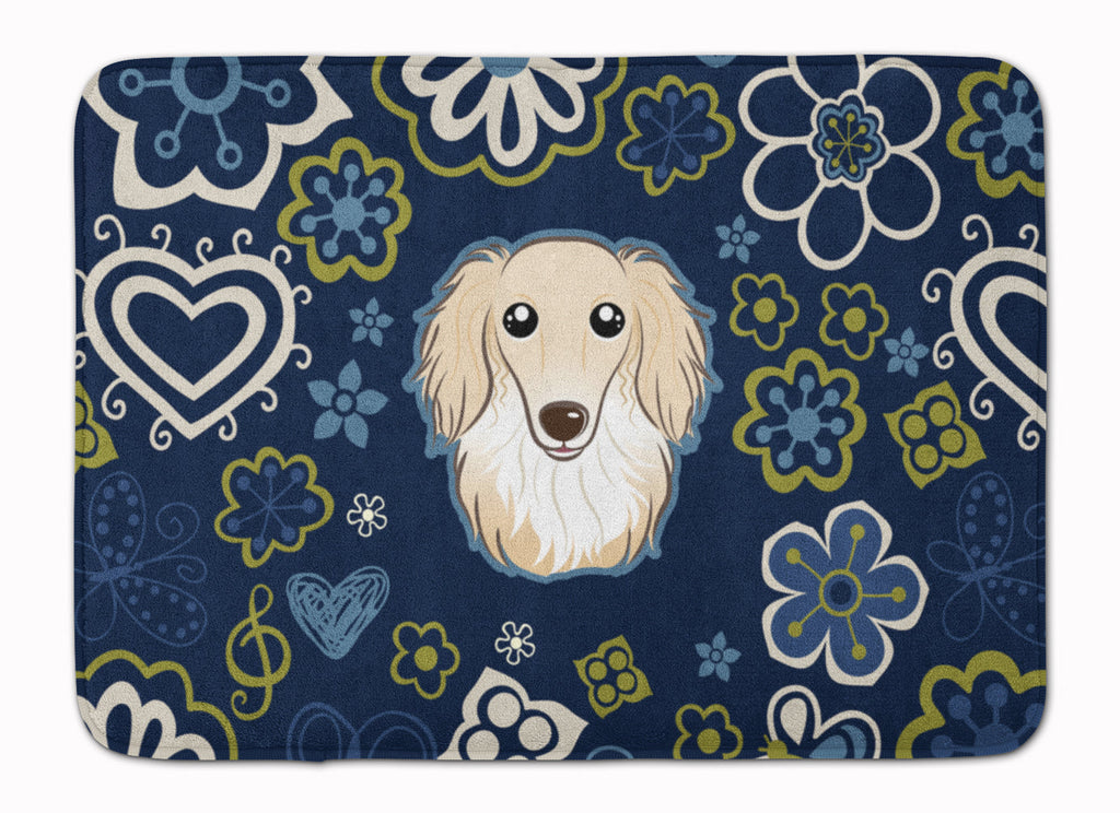 Blue Flowers Longhair Creme Dachshund Memory Foam Kitchen Mat Machine Washable Anti-Fatigue Cushion Comfort Bath or Kitchen Rug