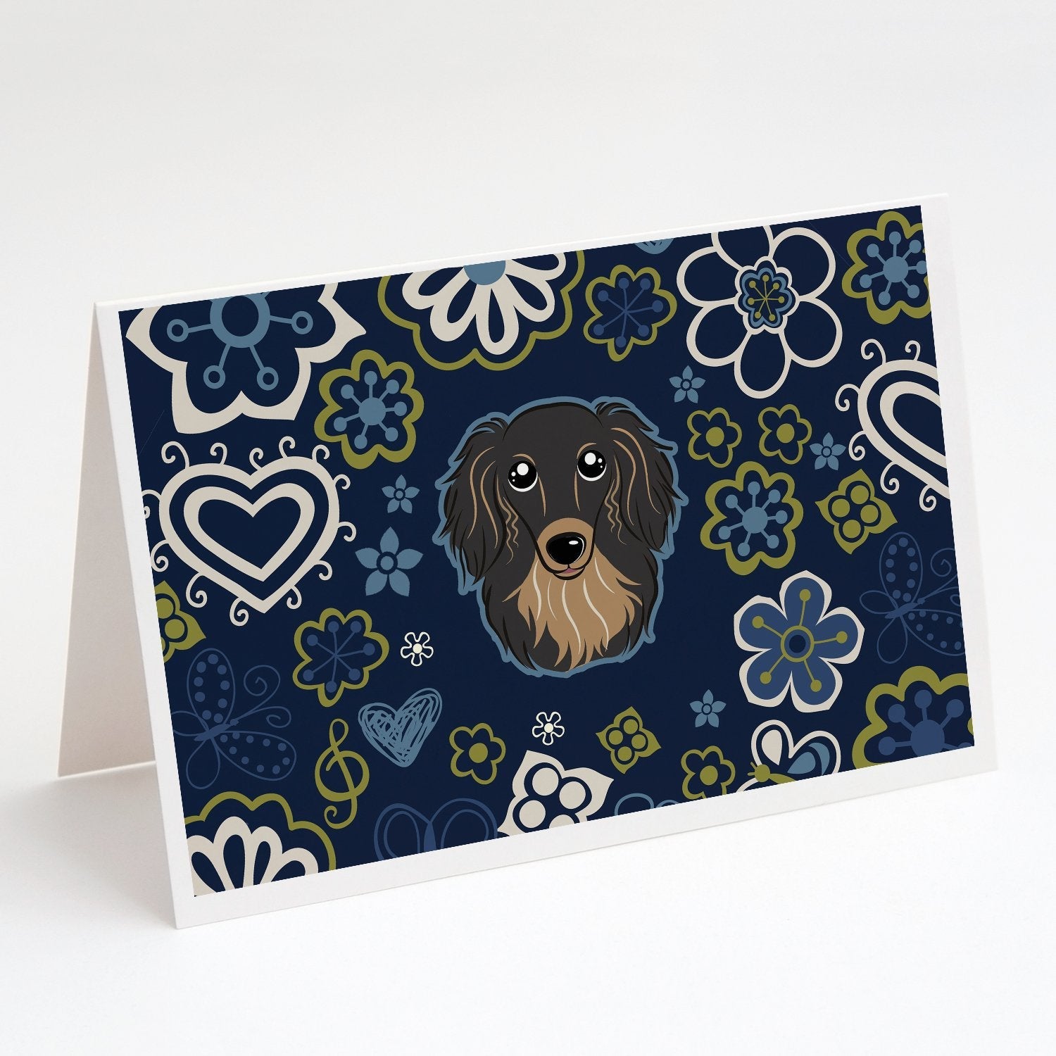 Blue Flowers Longhair Black and Tan Dachshund Greeting Cards Pack of 8 Blank Cards with Envelopes Whimsical A7 Size 5x7