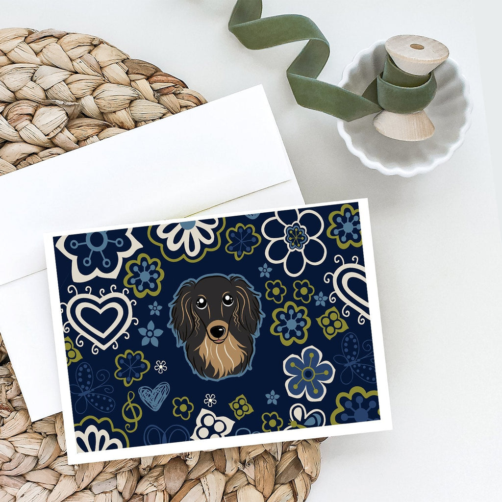 Blue Flowers Longhair Black and Tan Dachshund Greeting Cards Pack of 8 Blank Cards with Envelopes Whimsical A7 Size 5x7