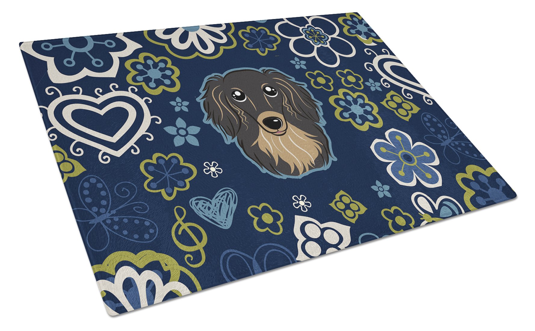 Blue Flowers Longhair Black and Tan Dachshund Cutting Board Tempered Glass Kitchen Cutting Surface, Heat Resistant Chopping, Non-Slip Feet, Food Prep & Serving