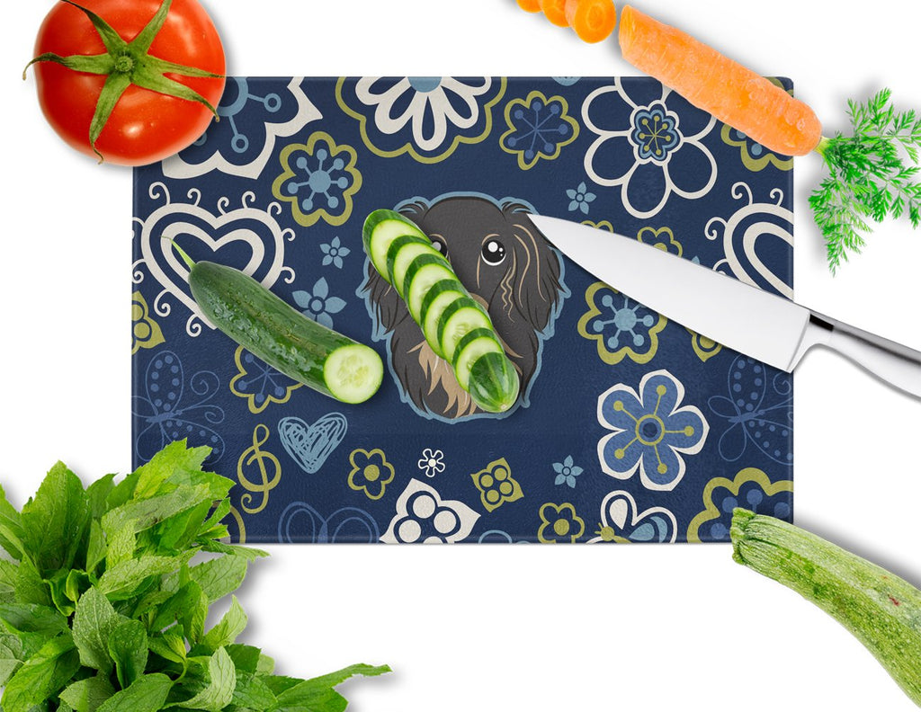 Blue Flowers Longhair Black and Tan Dachshund Cutting Board Tempered Glass Kitchen Cutting Surface, Heat Resistant Chopping, Non-Slip Feet, Food Prep & Serving