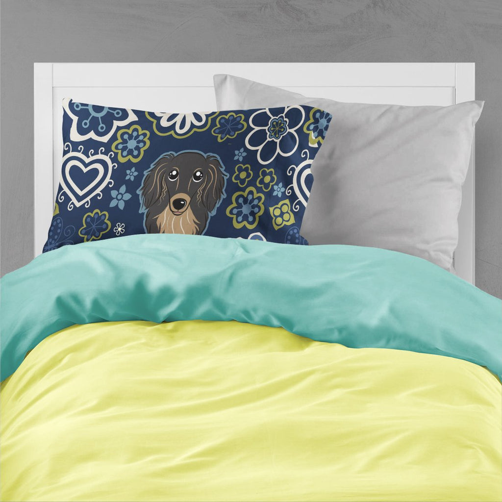 Blue Flowers Longhair Black and Tan Dachshund Standard Pillowcase Lightweight Super Soft Easy Care Decorative Artwork Pillowcase, Standard