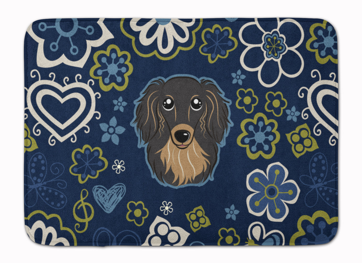 Blue Flowers Longhair Black and Tan Dachshund Memory Foam Kitchen Mat Machine Washable Anti-Fatigue Cushion Comfort Bath or Kitchen Rug