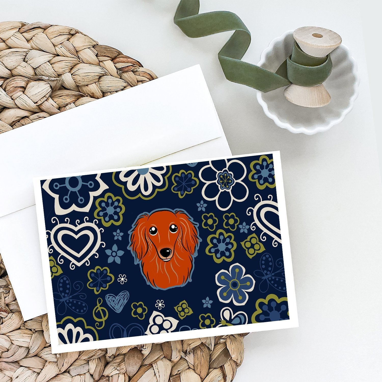 Blue Flowers Longhair Red Dachshund Greeting Cards Pack of 8 Blank Cards with Envelopes Whimsical A7 Size 5x7