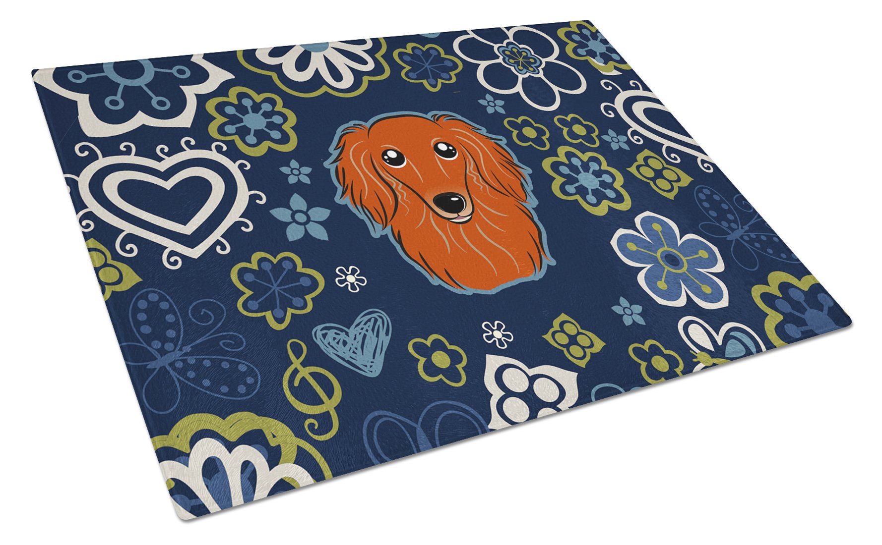 Blue Flowers Longhair Red Dachshund Cutting Board Tempered Glass Kitchen Cutting Surface, Heat Resistant Chopping, Non-Slip Feet, Food Prep & Serving