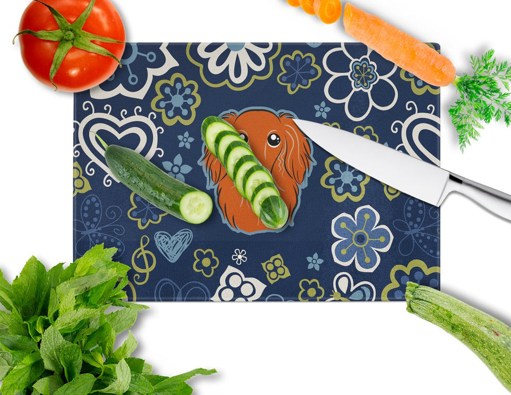 Blue Flowers Longhair Red Dachshund Cutting Board Tempered Glass Kitchen Cutting Surface, Heat Resistant Chopping, Non-Slip Feet, Food Prep & Serving