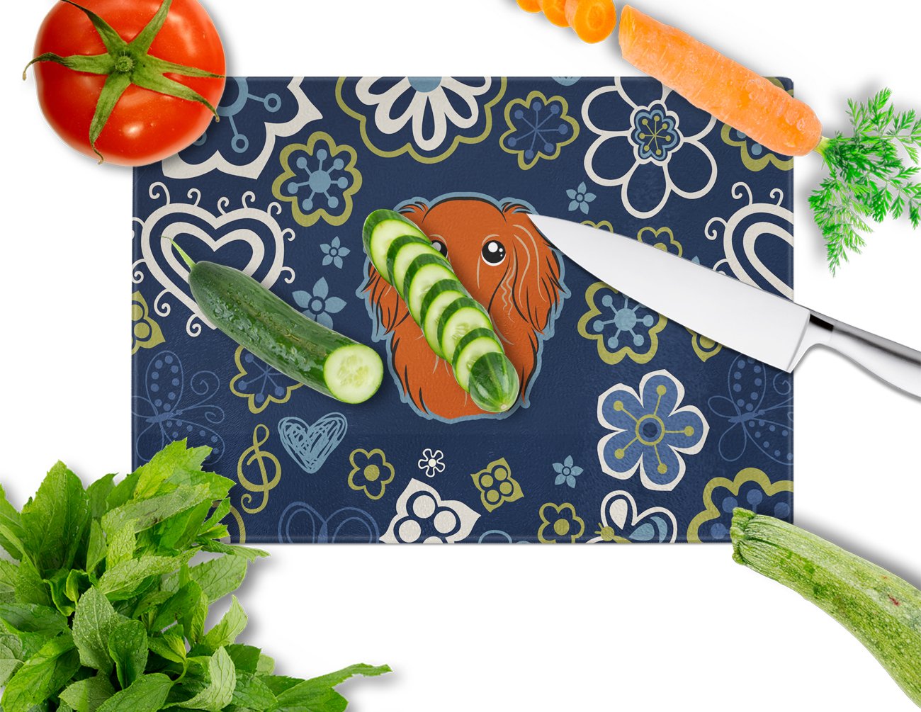 Blue Flowers Longhair Red Dachshund Cutting Board Tempered Glass Kitchen Cutting Surface, Heat Resistant Chopping, Non-Slip Feet, Food Prep & Serving
