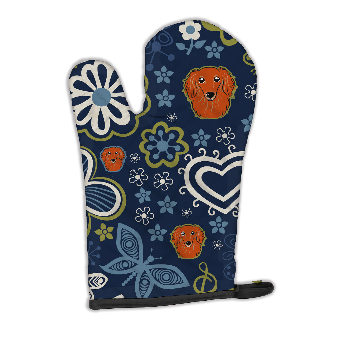 Blue Flowers Longhair Red Dachshund Oven Mitt Heat Resistant Thick Oven Mitt for Hot Pans and Oven, Kitchen Mitt Protect Hands, Cooking Baking Glove