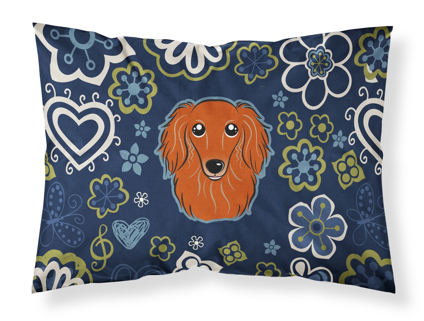 Blue Flowers Longhair Red Dachshund Standard Pillowcase Lightweight Super Soft Easy Care Decorative Artwork Pillowcase, Standard