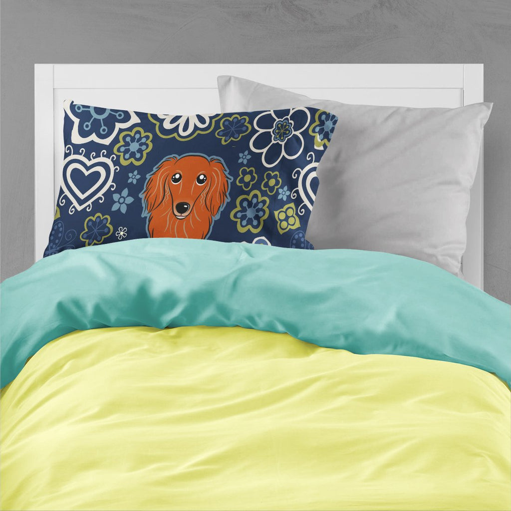 Blue Flowers Longhair Red Dachshund Standard Pillowcase Lightweight Super Soft Easy Care Decorative Artwork Pillowcase, Standard