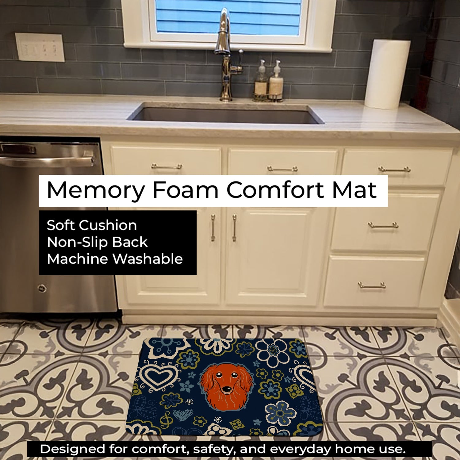 Blue Flowers Longhair Red Dachshund Memory Foam Kitchen Mat Machine Washable Anti-Fatigue Cushion Comfort Bath or Kitchen Rug