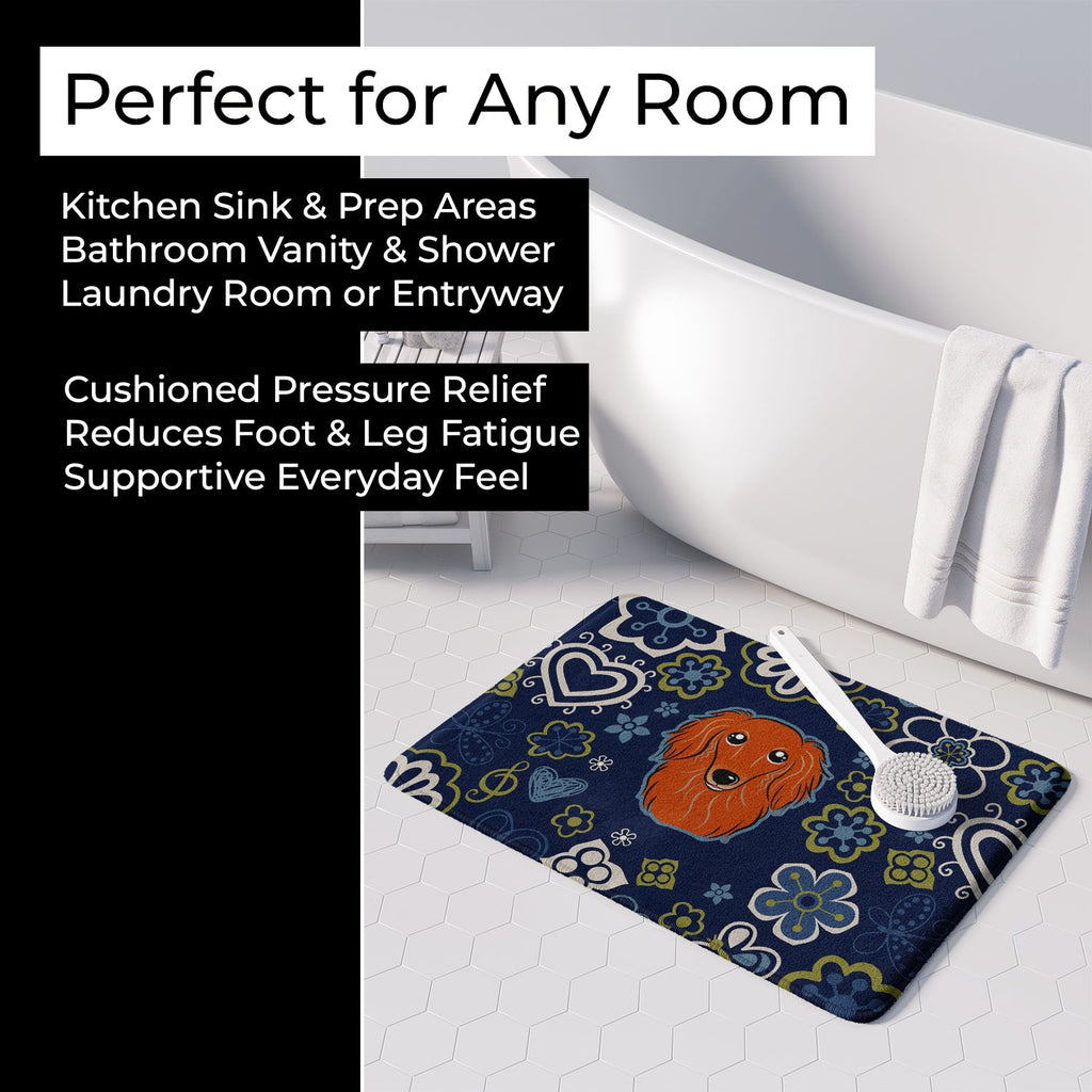 Blue Flowers Longhair Red Dachshund Memory Foam Kitchen Mat Machine Washable Anti-Fatigue Cushion Comfort Bath or Kitchen Rug