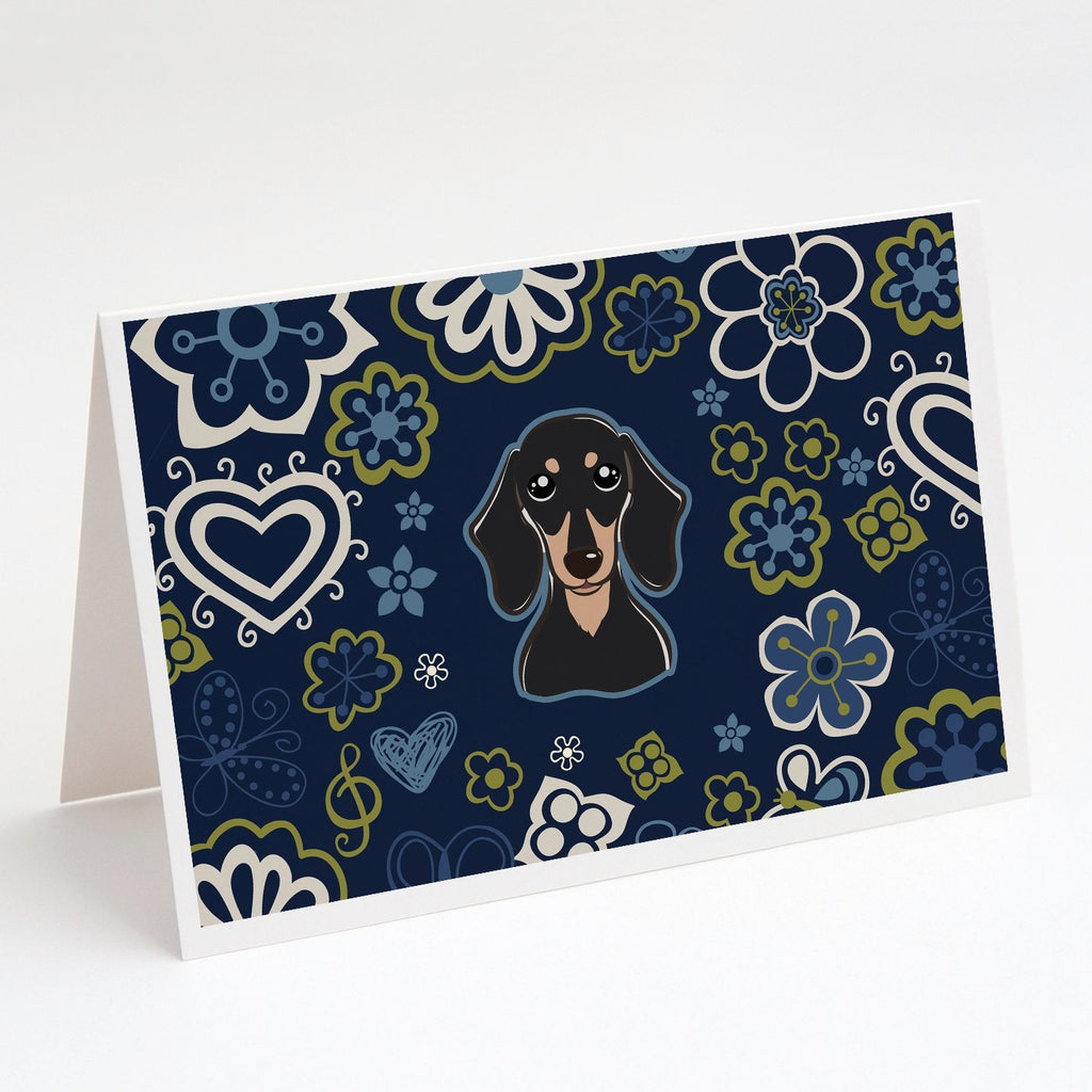 Blue Flowers Smooth Black and Tan Dachshund Greeting Cards Pack of 8 Blank Cards with Envelopes Whimsical A7 Size 5x7