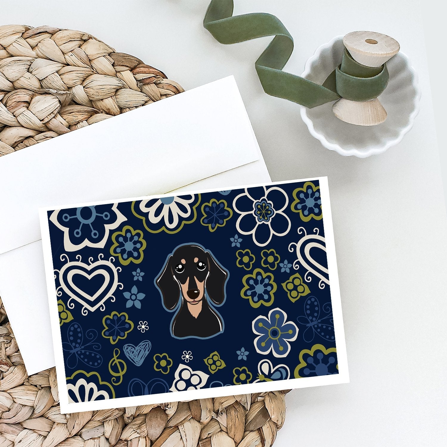 Blue Flowers Smooth Black and Tan Dachshund Greeting Cards Pack of 8 Blank Cards with Envelopes Whimsical A7 Size 5x7