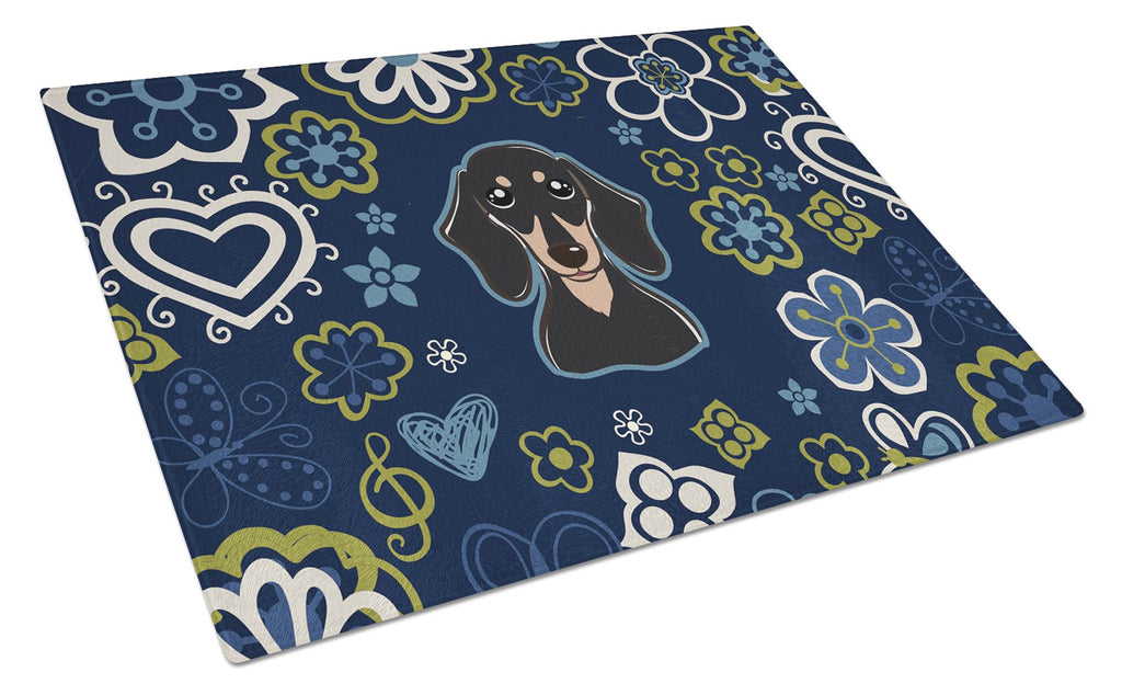 Blue Flowers Smooth Black and Tan Dachshund Cutting Board Tempered Glass Kitchen Cutting Surface, Heat Resistant Chopping, Non-Slip Feet, Food Prep & Serving