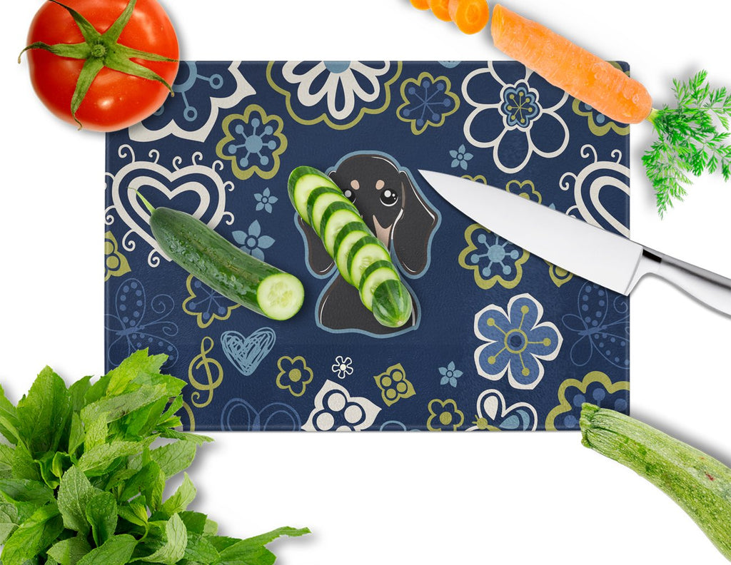 Blue Flowers Smooth Black and Tan Dachshund Cutting Board Tempered Glass Kitchen Cutting Surface, Heat Resistant Chopping, Non-Slip Feet, Food Prep & Serving