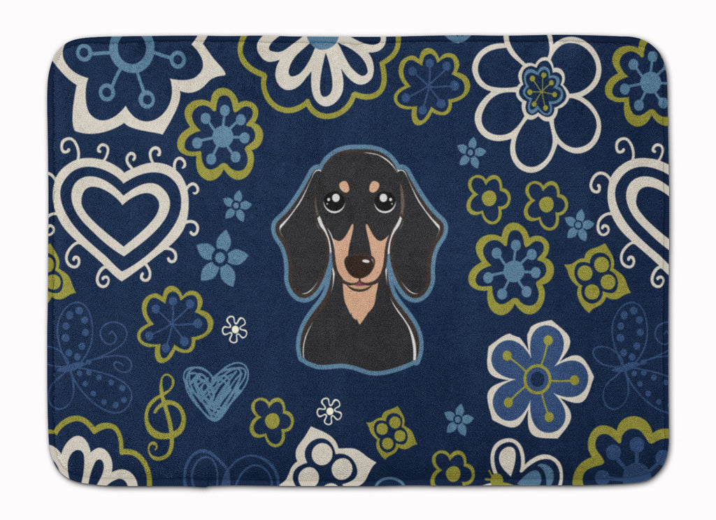 Blue Flowers Smooth Black and Tan Dachshund Memory Foam Kitchen Mat Machine Washable Anti-Fatigue Cushion Comfort Bath or Kitchen Rug