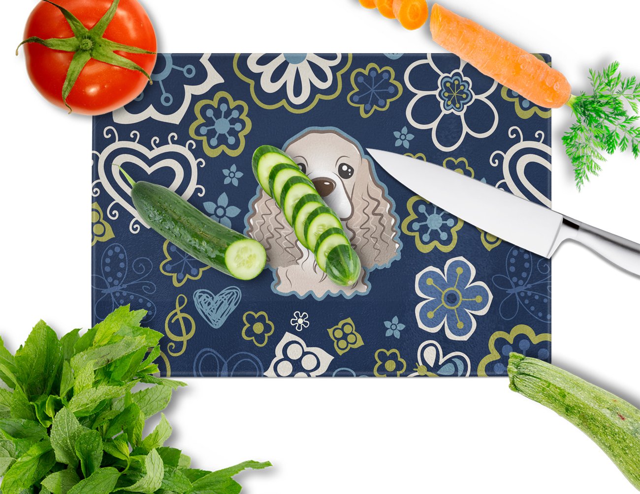 Blue Flowers Cocker Spaniel Cutting Board Tempered Glass Kitchen Cutting Surface, Heat Resistant Chopping, Non-Slip Feet, Food Prep & Serving