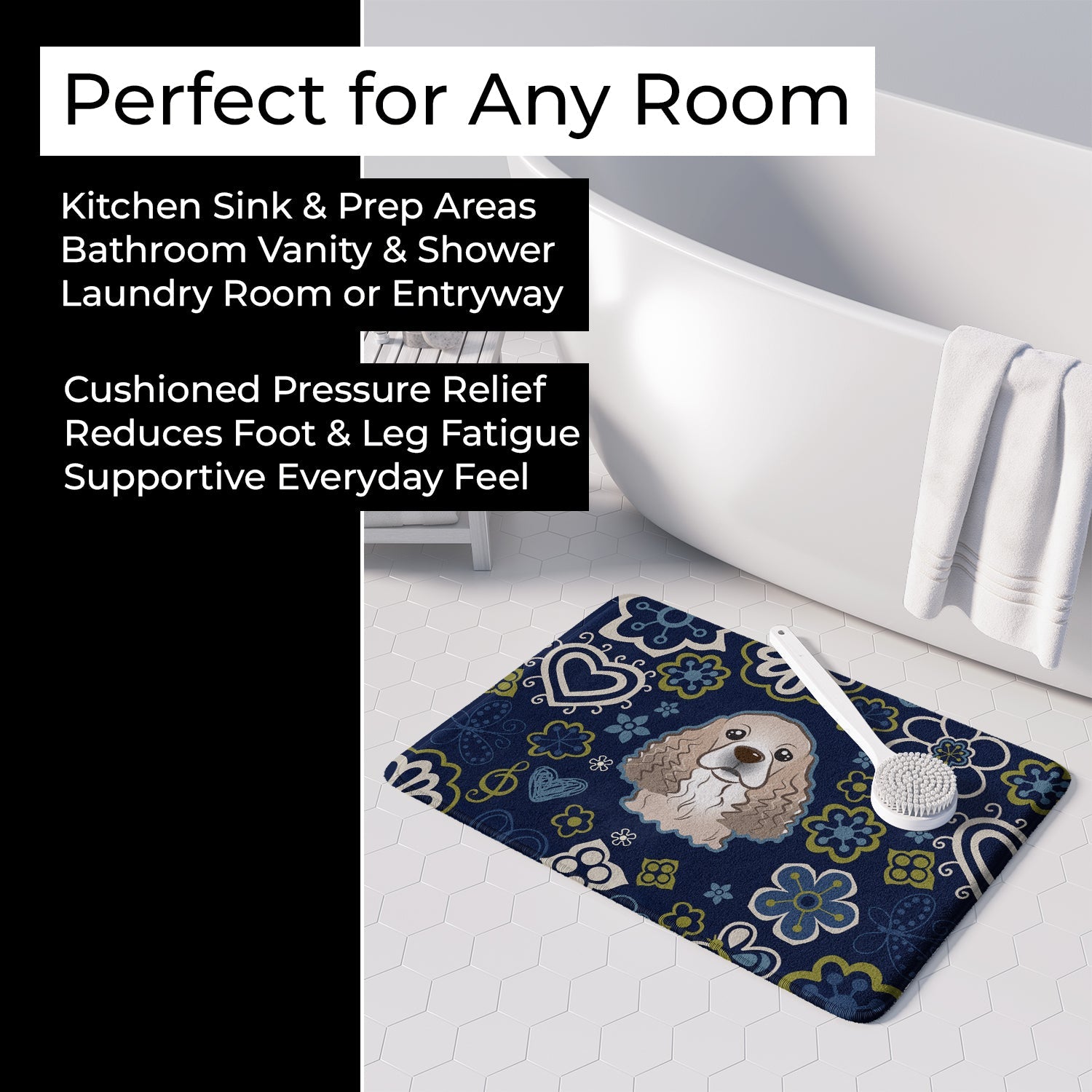 Blue Flowers Cocker Spaniel Memory Foam Kitchen Mat Machine Washable Anti-Fatigue Cushion Comfort Bath or Kitchen Rug