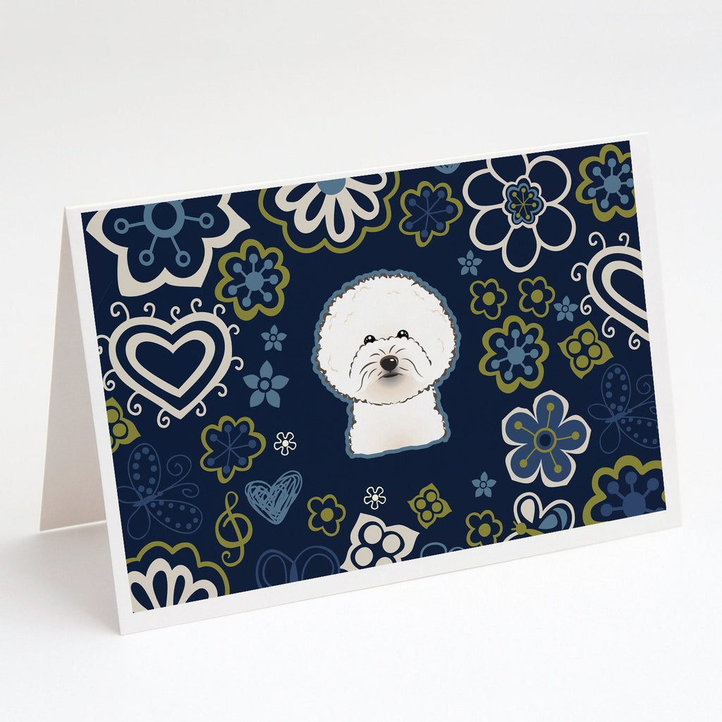 Blue Flowers Bichon Frise Greeting Cards Pack of 8 Blank Cards with Envelopes Whimsical A7 Size 5x7