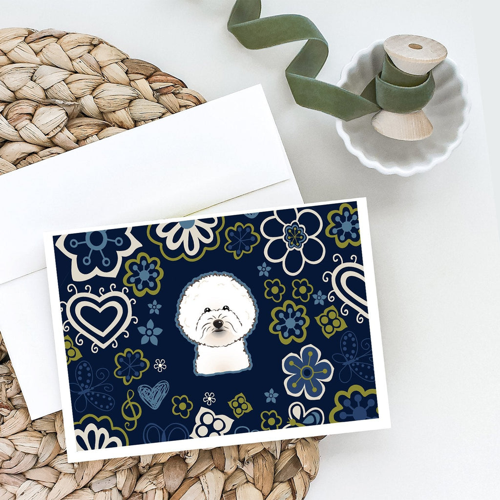 Blue Flowers Bichon Frise Greeting Cards Pack of 8 Blank Cards with Envelopes Whimsical A7 Size 5x7