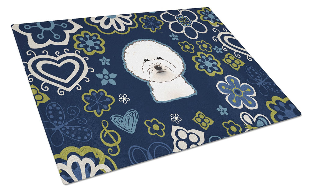 Blue Flowers Bichon Frise Cutting Board Tempered Glass Kitchen Cutting Surface, Heat Resistant Chopping, Non-Slip Feet, Food Prep & Serving