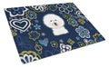 Blue Flowers Bichon Frise Cutting Board Tempered Glass Kitchen Cutting Surface, Heat Resistant Chopping, Non-Slip Feet, Food Prep & Serving