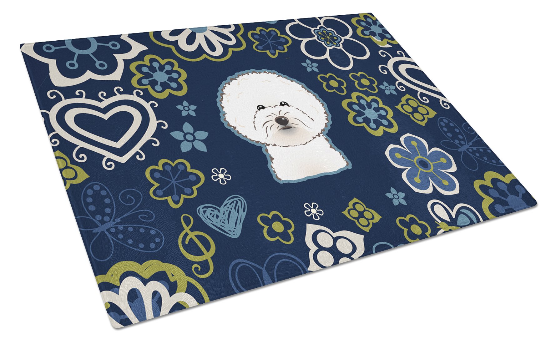 Blue Flowers Bichon Frise Cutting Board Tempered Glass Kitchen Cutting Surface, Heat Resistant Chopping, Non-Slip Feet, Food Prep & Serving