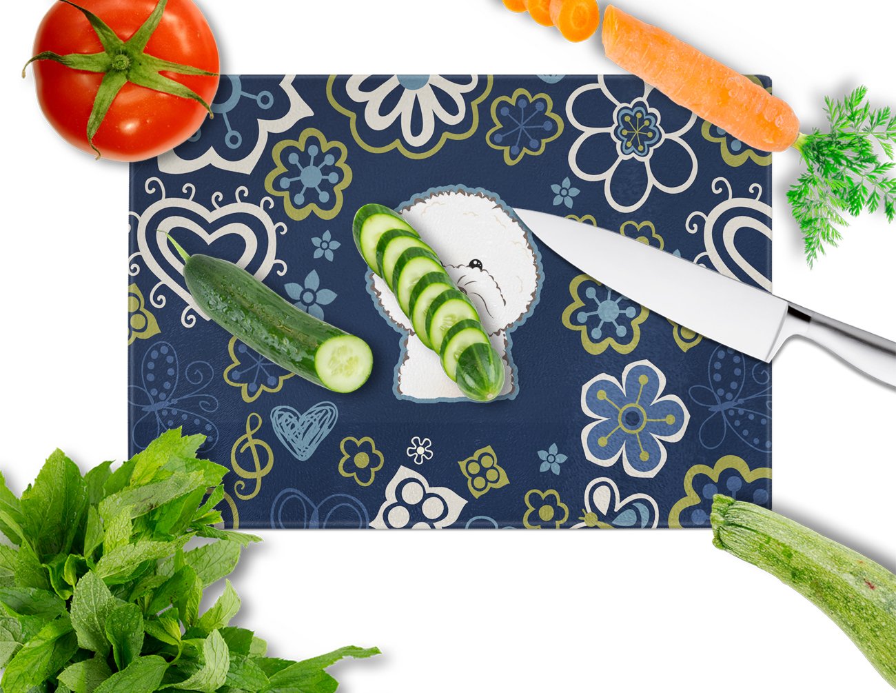 Blue Flowers Bichon Frise Cutting Board Tempered Glass Kitchen Cutting Surface, Heat Resistant Chopping, Non-Slip Feet, Food Prep & Serving