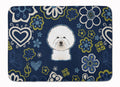 Blue Flowers Bichon Frise Memory Foam Kitchen Mat Machine Washable Anti-Fatigue Cushion Comfort Bath or Kitchen Rug