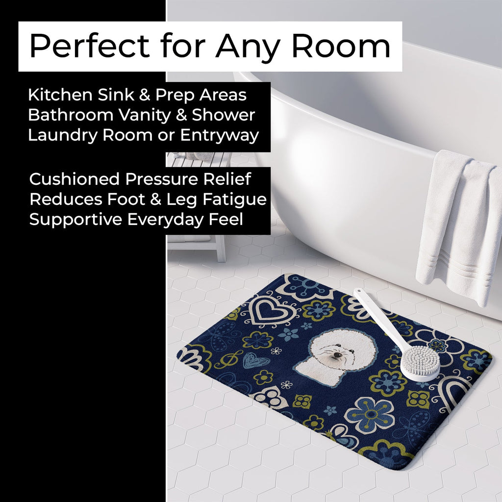 Blue Flowers Bichon Frise Memory Foam Kitchen Mat Machine Washable Anti-Fatigue Cushion Comfort Bath or Kitchen Rug