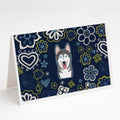 Blue Flowers Alaskan Malamute Greeting Cards Pack of 8 Blank Cards with Envelopes Whimsical A7 Size 5x7