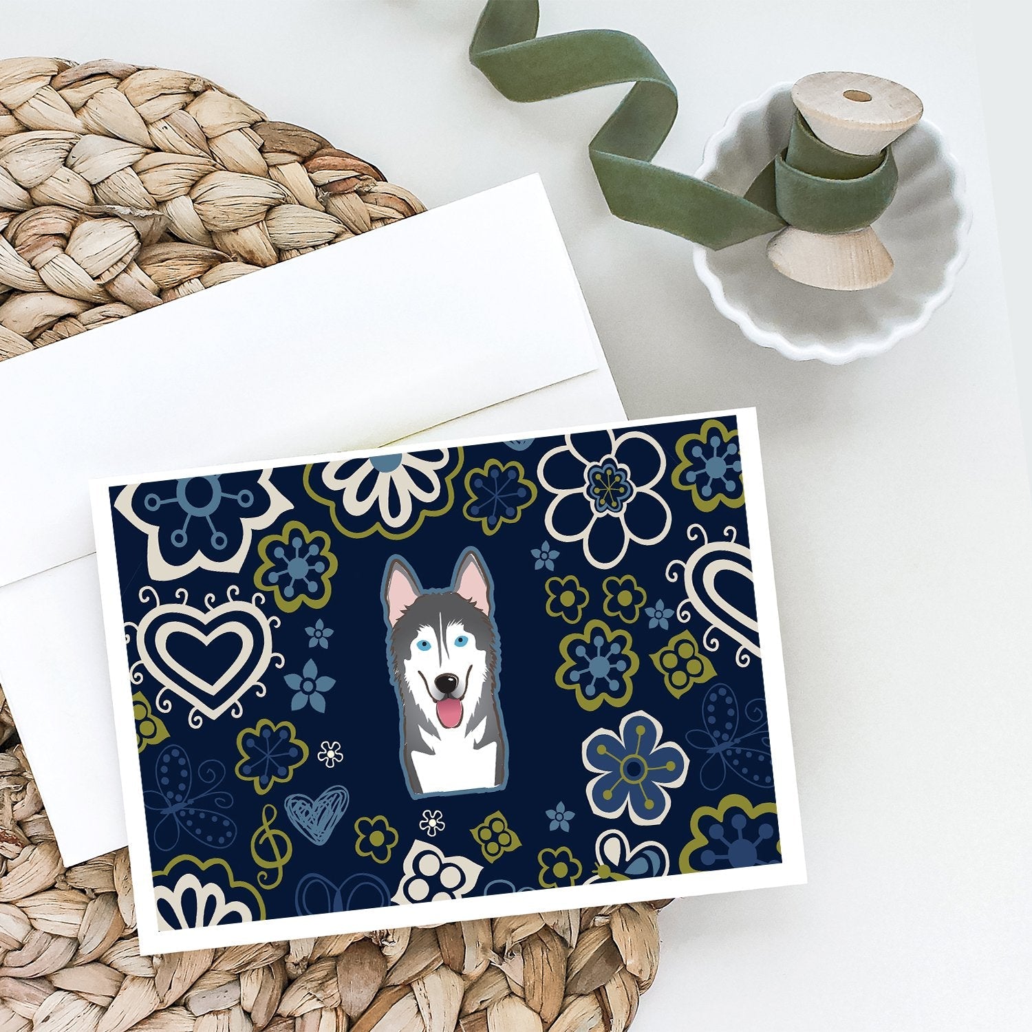 Blue Flowers Alaskan Malamute Greeting Cards Pack of 8 Blank Cards with Envelopes Whimsical A7 Size 5x7