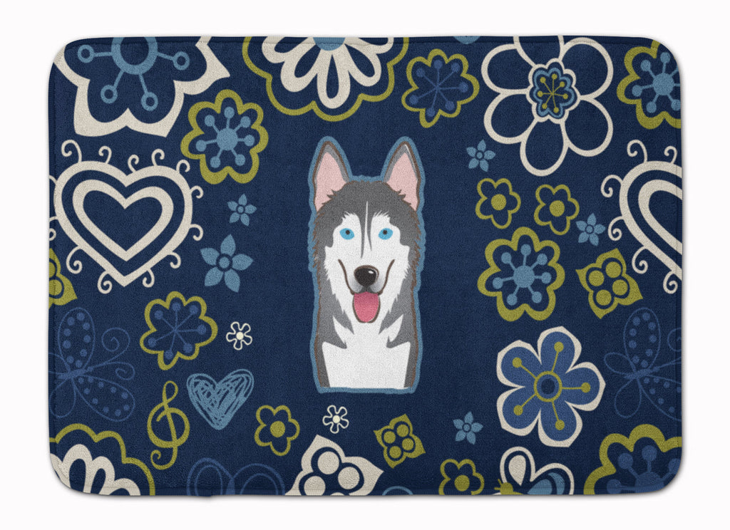 Blue Flowers Alaskan Malamute Memory Foam Kitchen Mat Machine Washable Anti-Fatigue Cushion Comfort Bath or Kitchen Rug