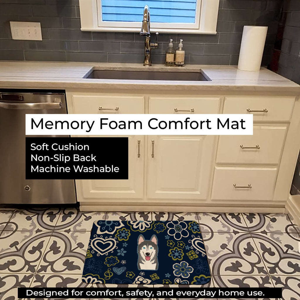 Blue Flowers Alaskan Malamute Memory Foam Kitchen Mat Machine Washable Anti-Fatigue Cushion Comfort Bath or Kitchen Rug