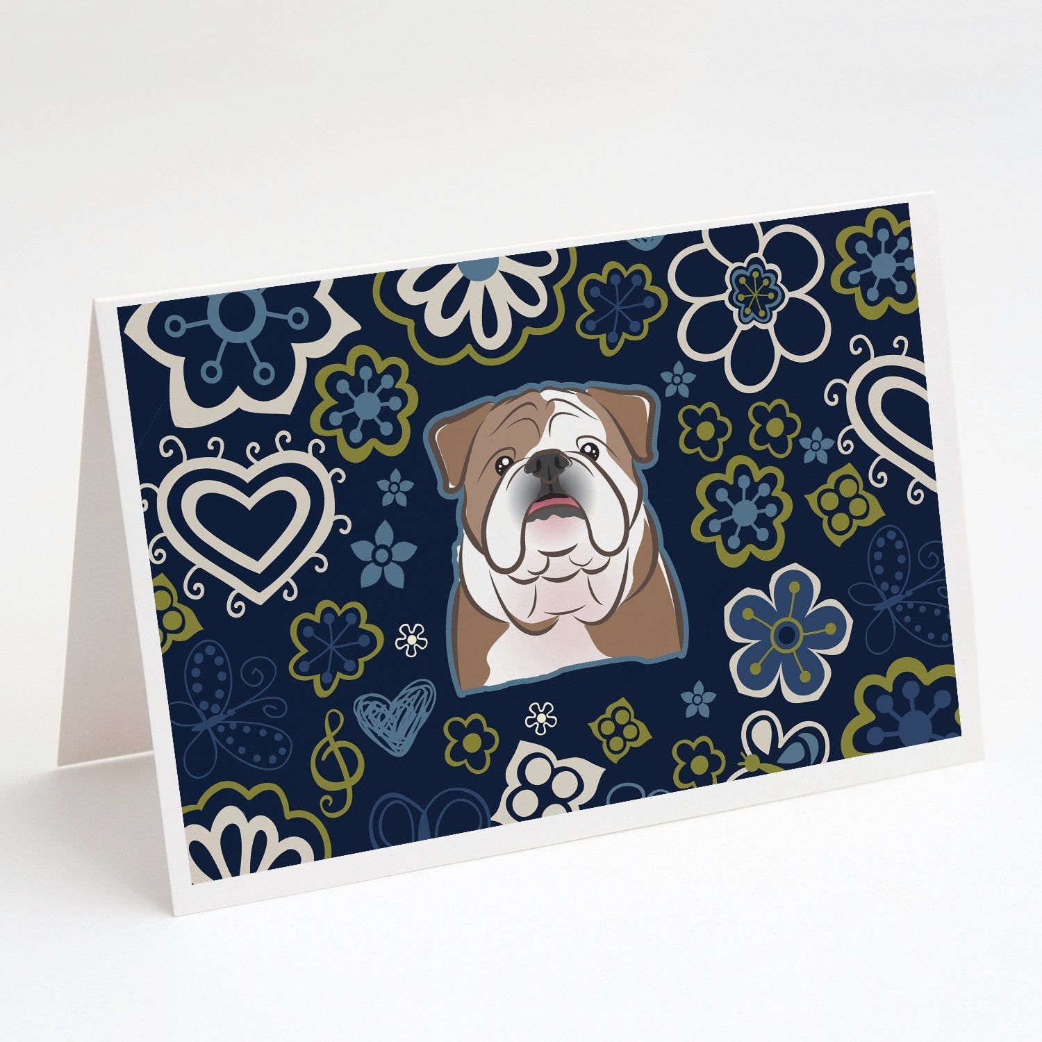 Blue Flowers English Bulldog  Greeting Cards Pack of 8 Blank Cards with Envelopes Whimsical A7 Size 5x7