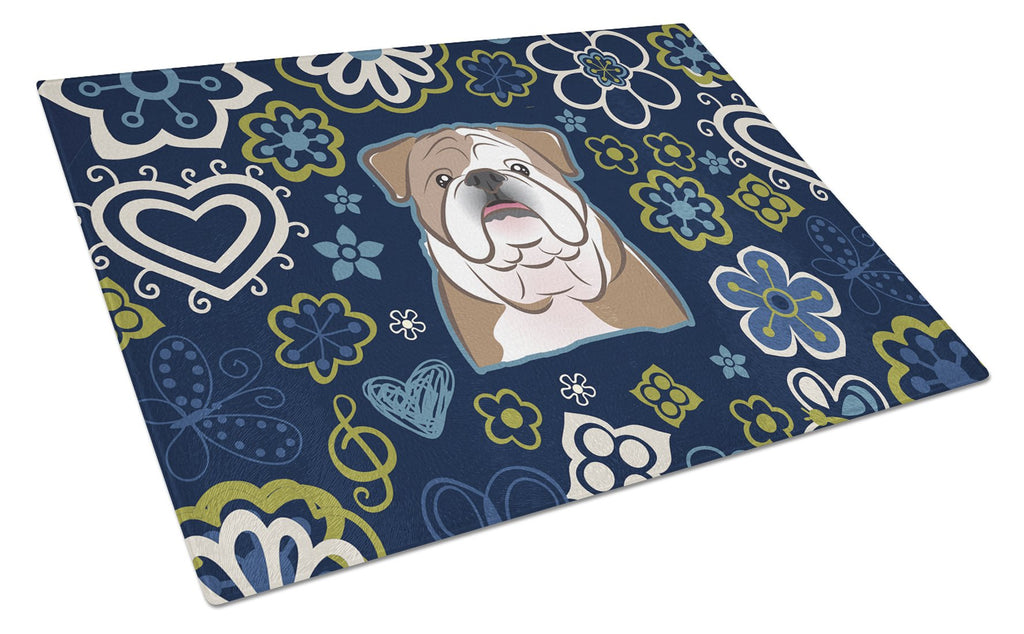 Blue Flowers English Bulldog  Cutting Board Tempered Glass Kitchen Cutting Surface, Heat Resistant Chopping, Non-Slip Feet, Food Prep & Serving