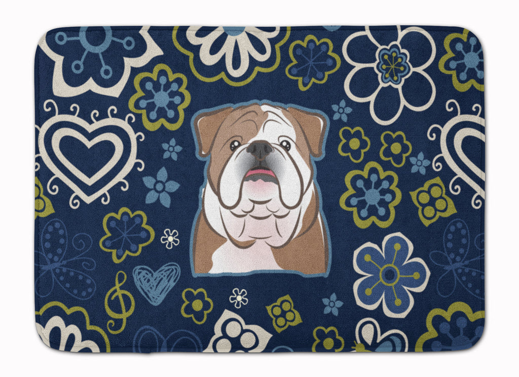 Blue Flowers English Bulldog  Memory Foam Kitchen Mat Machine Washable Anti-Fatigue Cushion Comfort Bath or Kitchen Rug