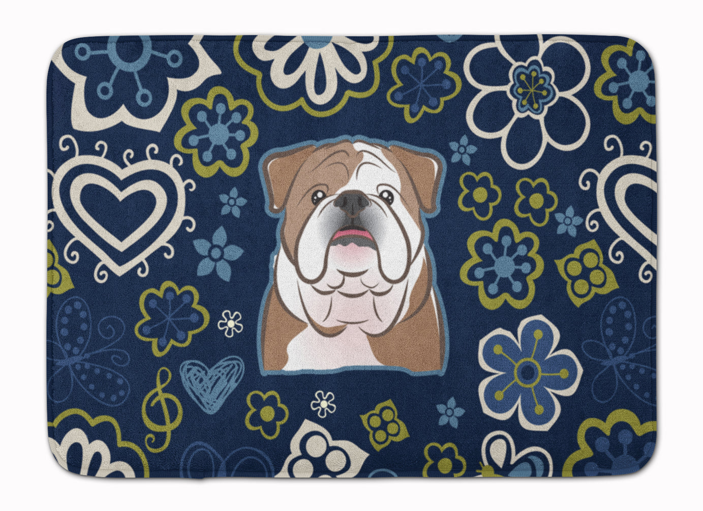 Blue Flowers English Bulldog  Memory Foam Kitchen Mat Machine Washable Anti-Fatigue Cushion Comfort Bath or Kitchen Rug