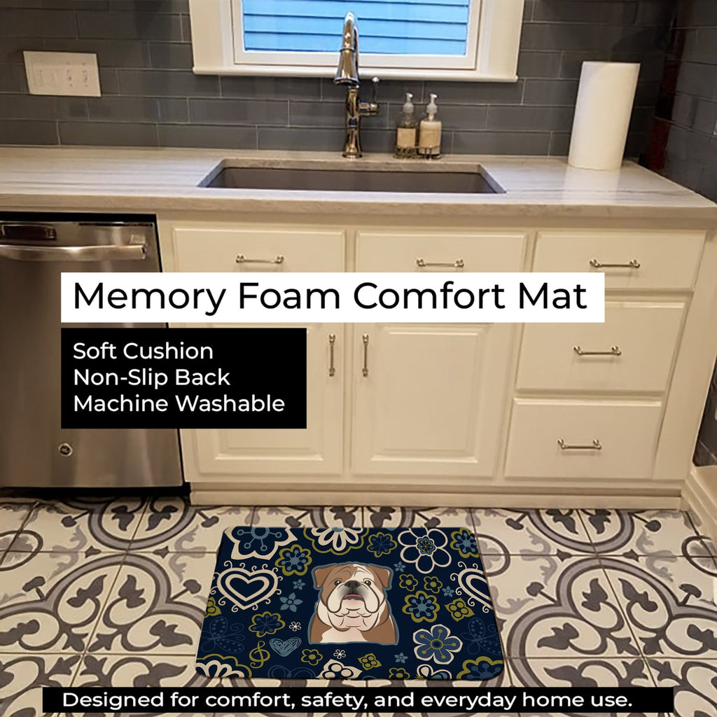 Blue Flowers English Bulldog  Memory Foam Kitchen Mat Machine Washable Anti-Fatigue Cushion Comfort Bath or Kitchen Rug