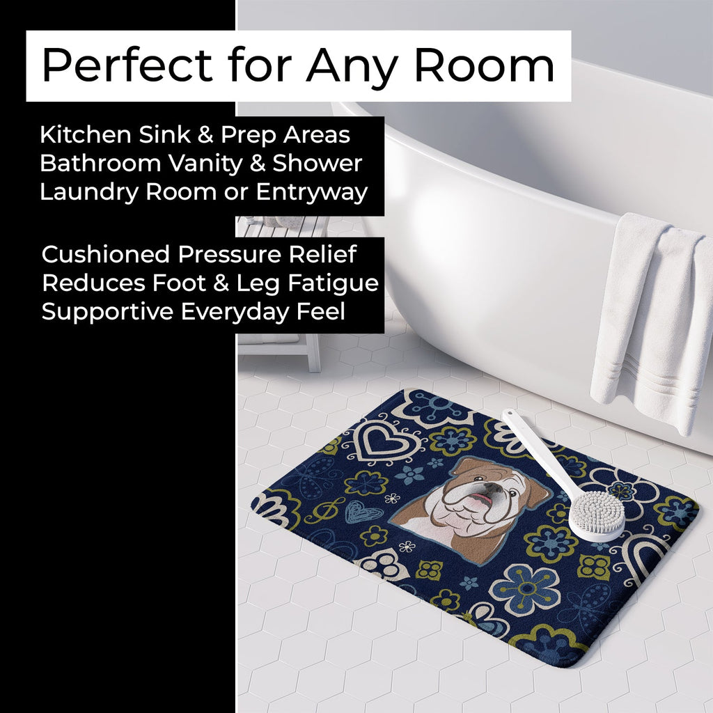 Blue Flowers English Bulldog  Memory Foam Kitchen Mat Machine Washable Anti-Fatigue Cushion Comfort Bath or Kitchen Rug