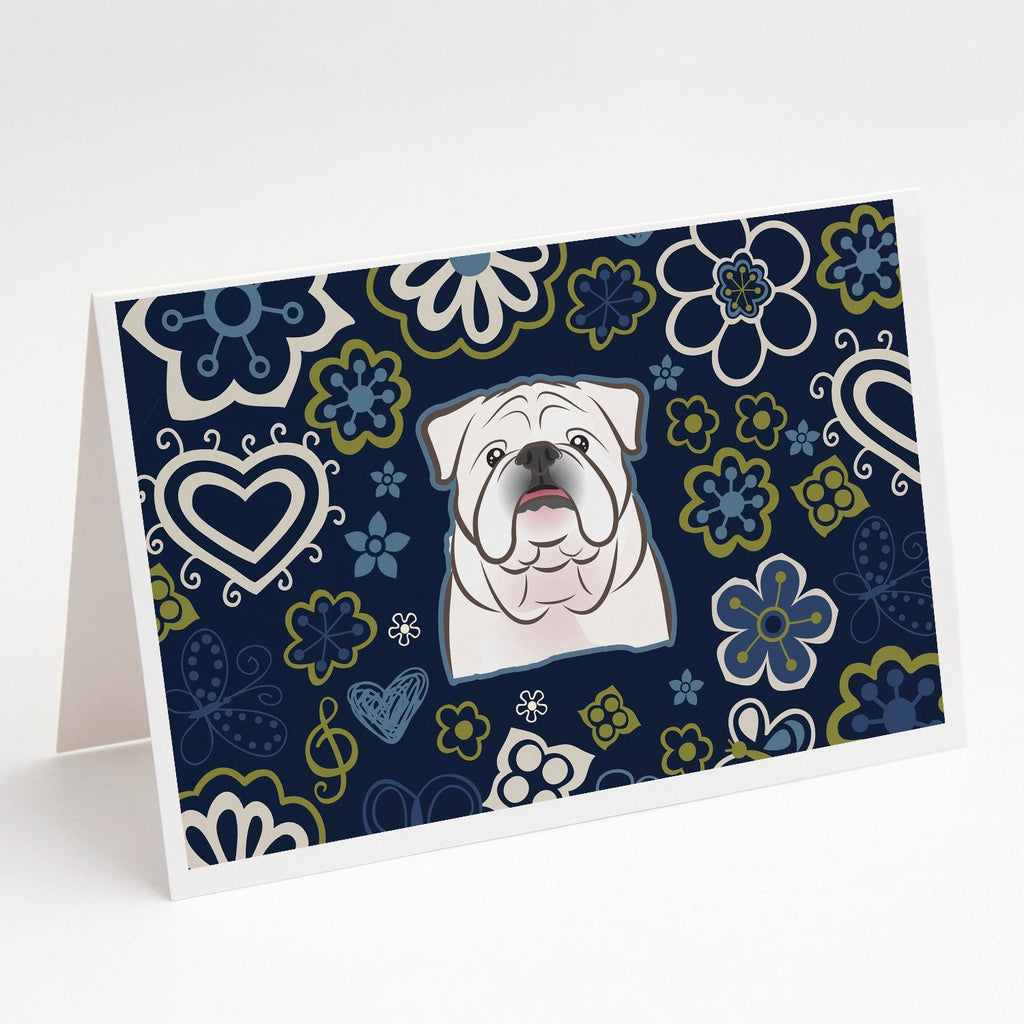 Blue Flowers White English Bulldog  Greeting Cards Pack of 8 Blank Cards with Envelopes Whimsical A7 Size 5x7