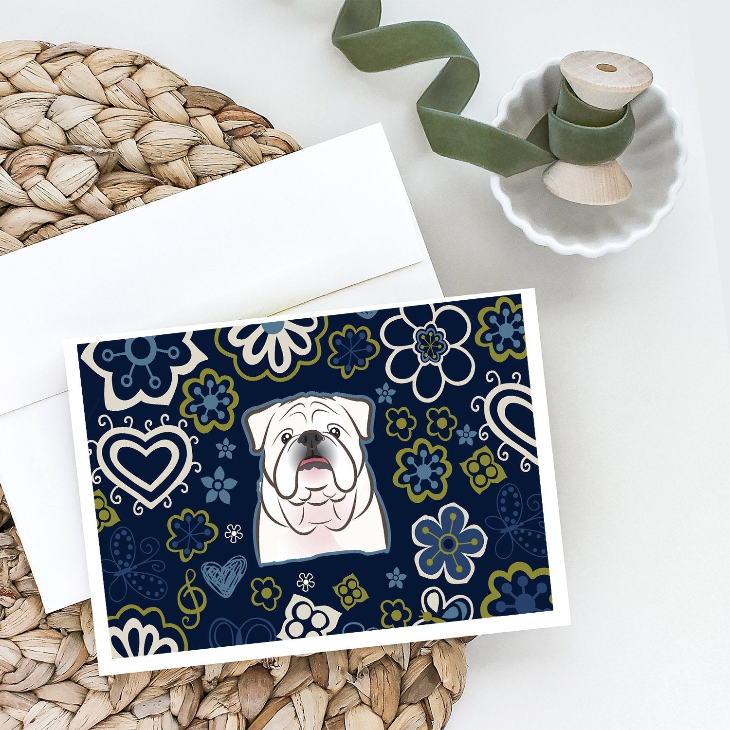 Blue Flowers White English Bulldog  Greeting Cards Pack of 8 Blank Cards with Envelopes Whimsical A7 Size 5x7