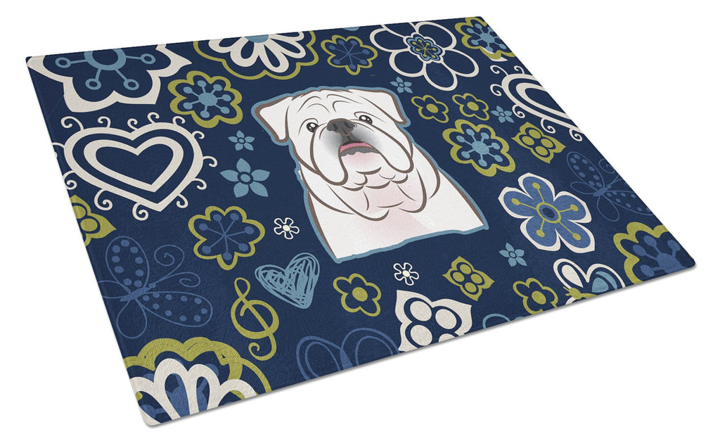 Blue Flowers White English Bulldog  Cutting Board Tempered Glass Kitchen Cutting Surface, Heat Resistant Chopping, Non-Slip Feet, Food Prep & Serving