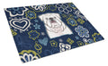 Blue Flowers White English Bulldog  Cutting Board Tempered Glass Kitchen Cutting Surface, Heat Resistant Chopping, Non-Slip Feet, Food Prep & Serving