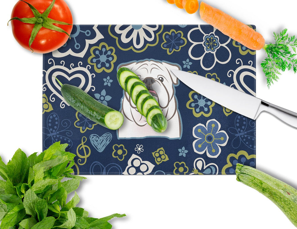 Blue Flowers White English Bulldog  Cutting Board Tempered Glass Kitchen Cutting Surface, Heat Resistant Chopping, Non-Slip Feet, Food Prep & Serving